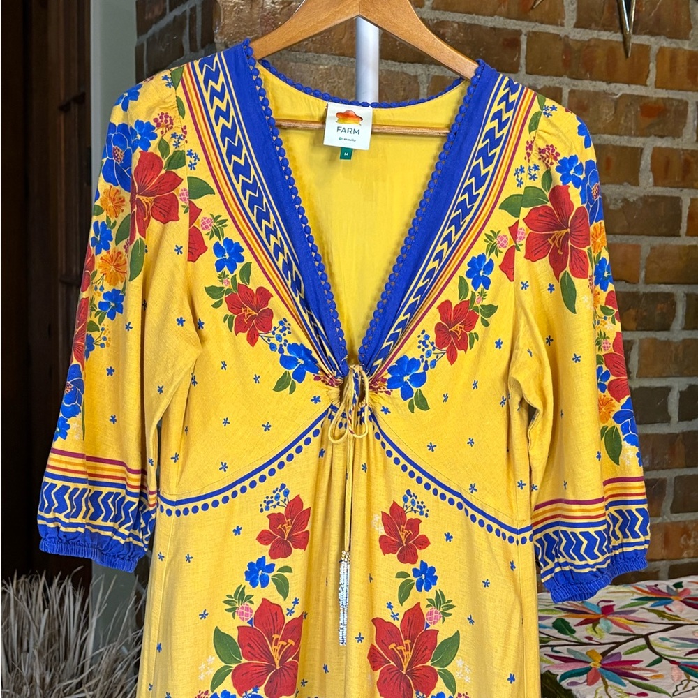 FARM Rio Yellow Floral Maxi Dress with Blue & Red Accents - Picture 7 of 16